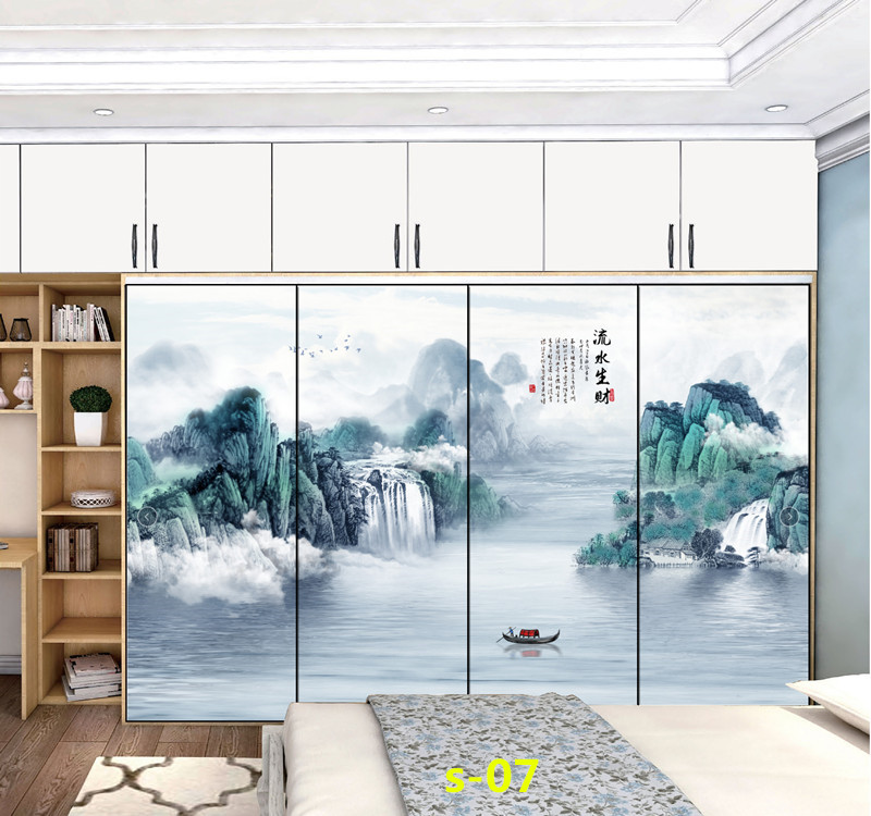 水墨山水画推拉门定做新中式移门中国风彩绘衣柜门定制衣橱壁柜门(图29)