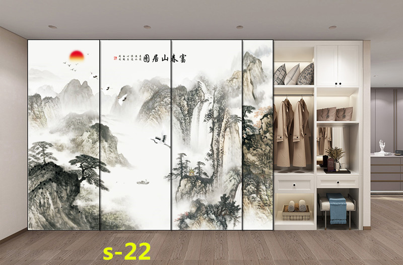 水墨山水画推拉门定做新中式移门中国风彩绘衣柜门定制衣橱壁柜门(图38)