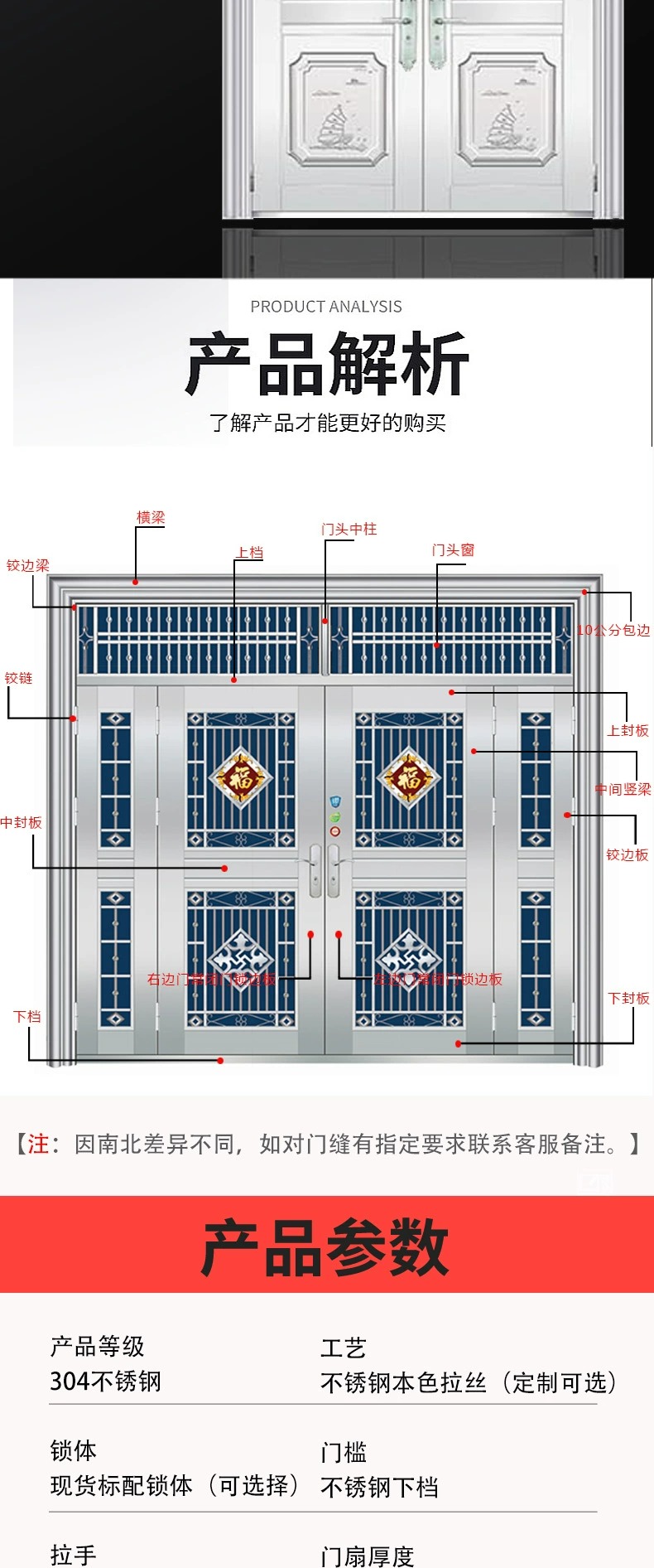 不锈钢304对开定制大门四开门农村自建房堂屋门别墅入户家用门(图10)