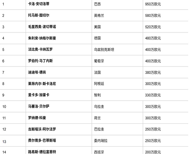国家队主帅年薪排行榜!世界杯冠军主帅年薪有点少,安切洛蒂封王(图7) 国家队教练薪水_驾校教练收入_世界杯冠军主帅薪资差异